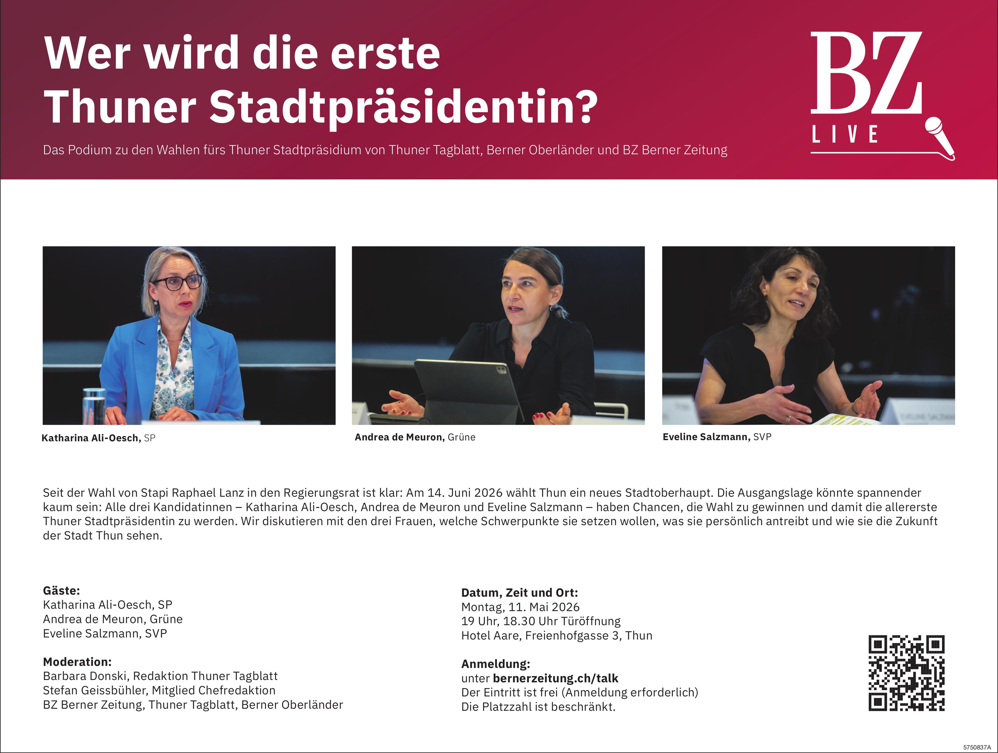 Wer wird die erste Thuner Stadtpräsidentin?, 11. Mai, Hotel Aare