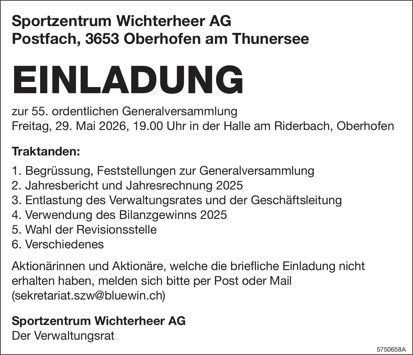EINLADUNG, 29. Mai, in der Halle am Riderbach, Oberhofen, Oberhofen Am Thunersee