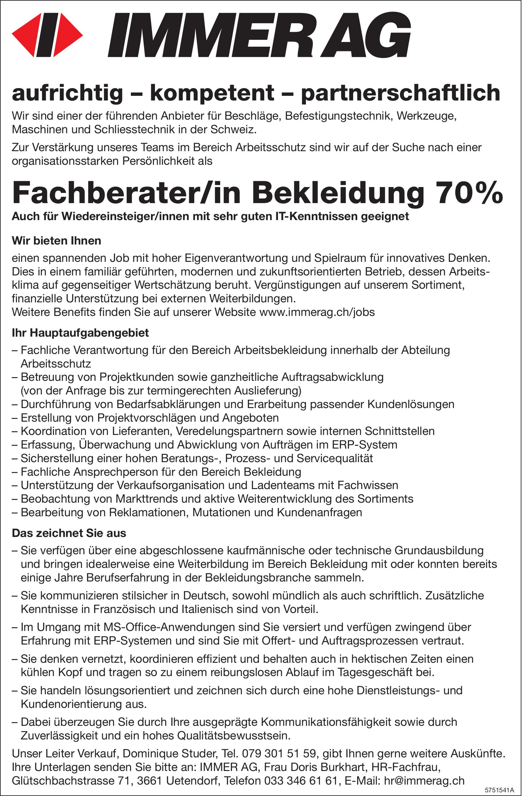 Fachberater/in Bekleidung 70%, IMMER AG, Utzenstorf, Gesucht