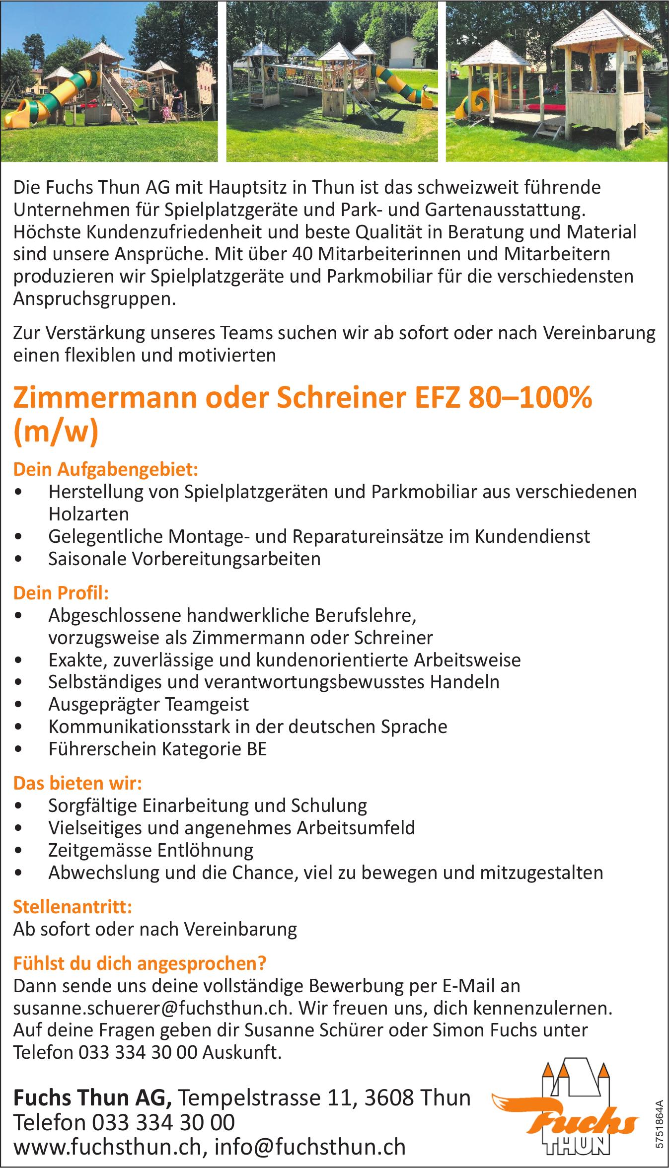 Zimmermann oder Schreiner EFZ 80–100%, Fuchs Thun AG, Gesucht