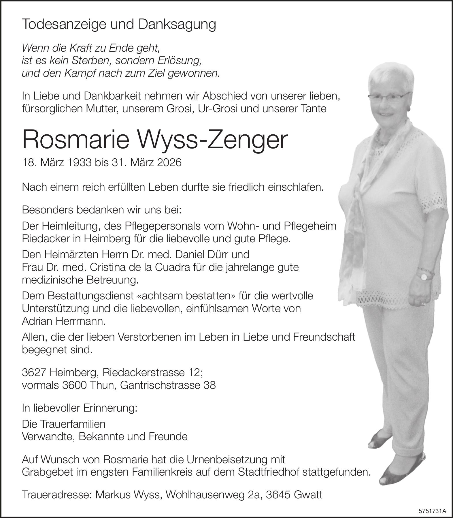 Wyss-Zenger Rosmarie, im Mai 2026 / DS