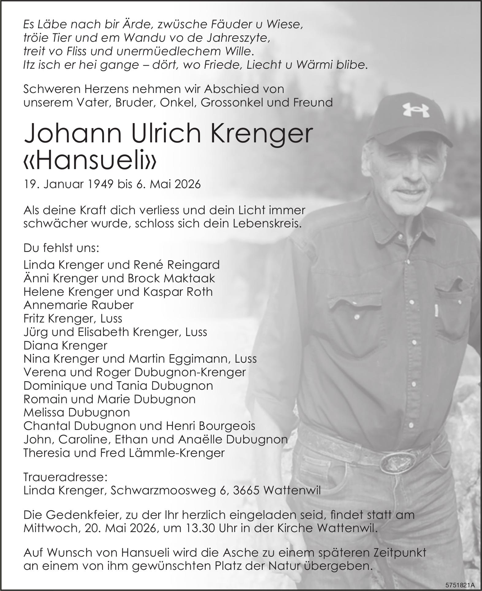 Krenger Johann Ulrich, Mai 2026 / TA