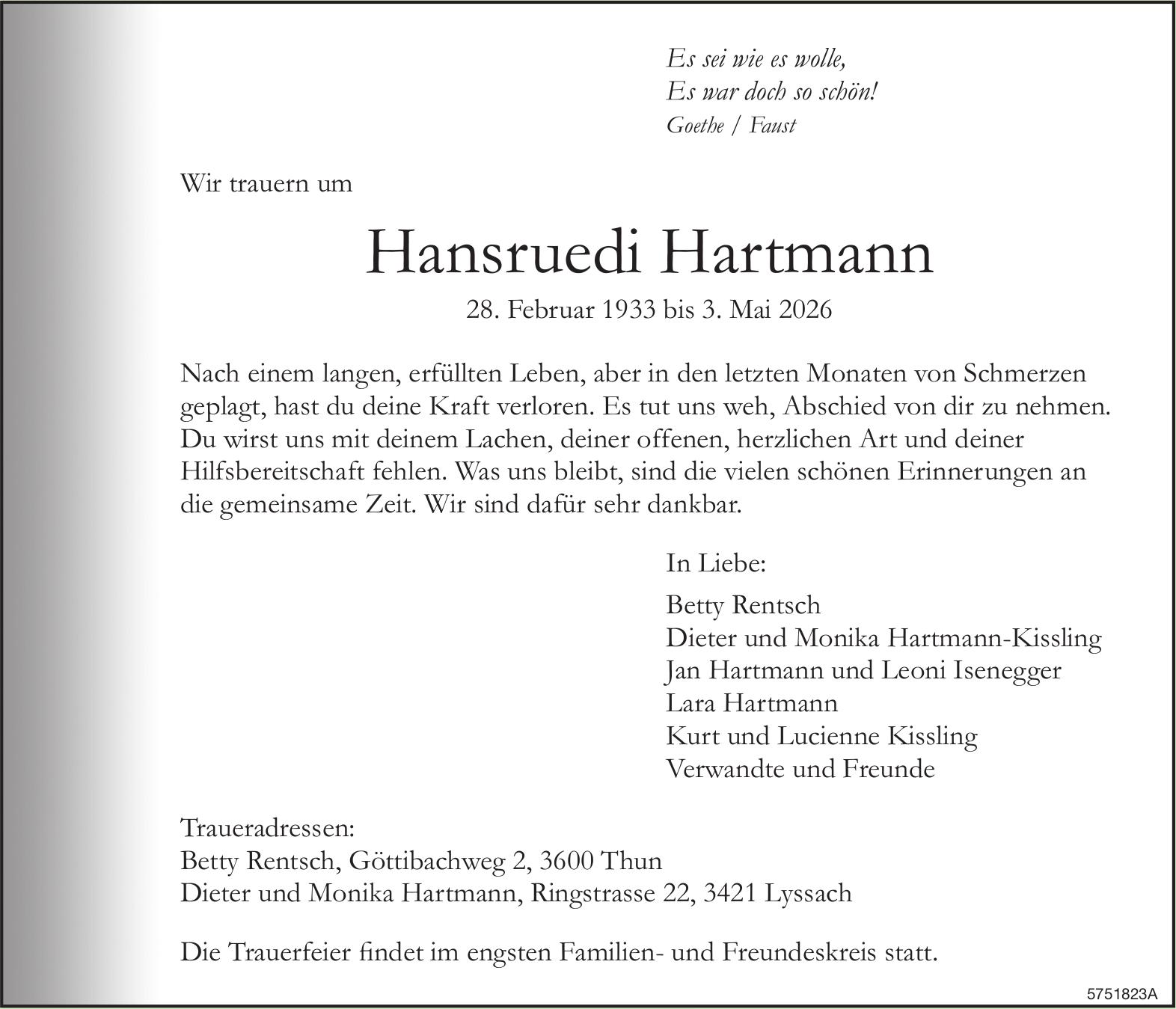 Hartmann Hansruedi, Mai 2026 / TA