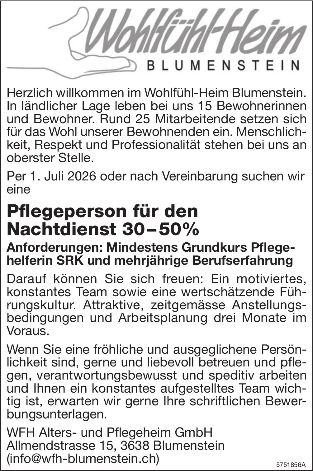 Pflegeperson für den Nachtdienst 30–50%, WFH Alters- und Pflegeheim GmbH, Blumenstein, Gesucht