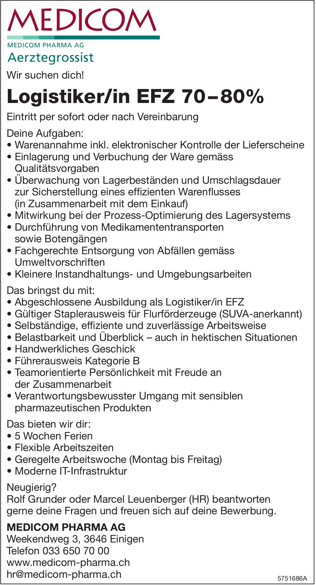 Logistiker/in EFZ 70–80%, MEDICOM PHARMA AG, Einigen, Gesucht