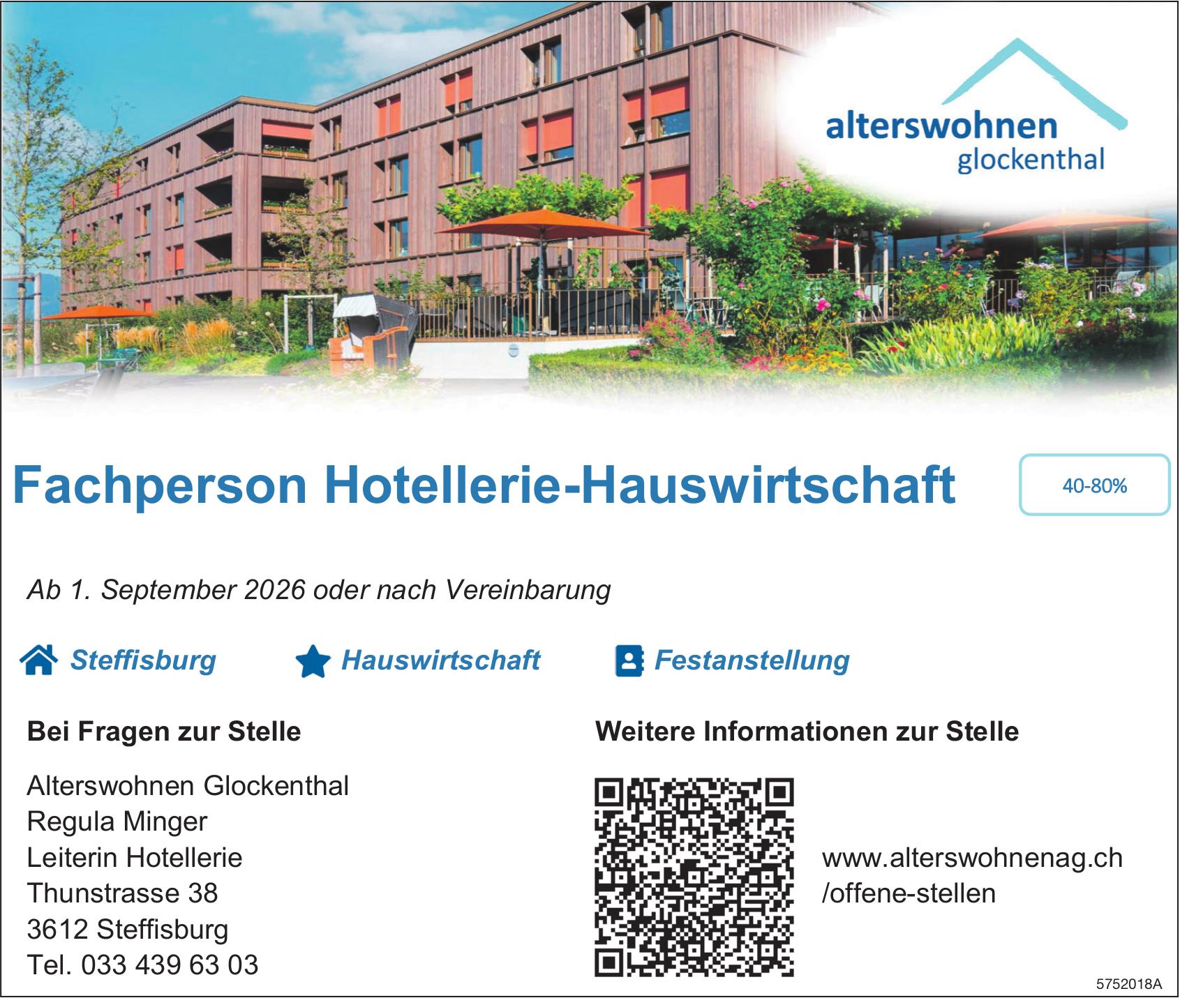Fachperson Hotellerie-Hauswirtschaft, Alterswohnen Glockenthal, Steffisburg, Gesucht