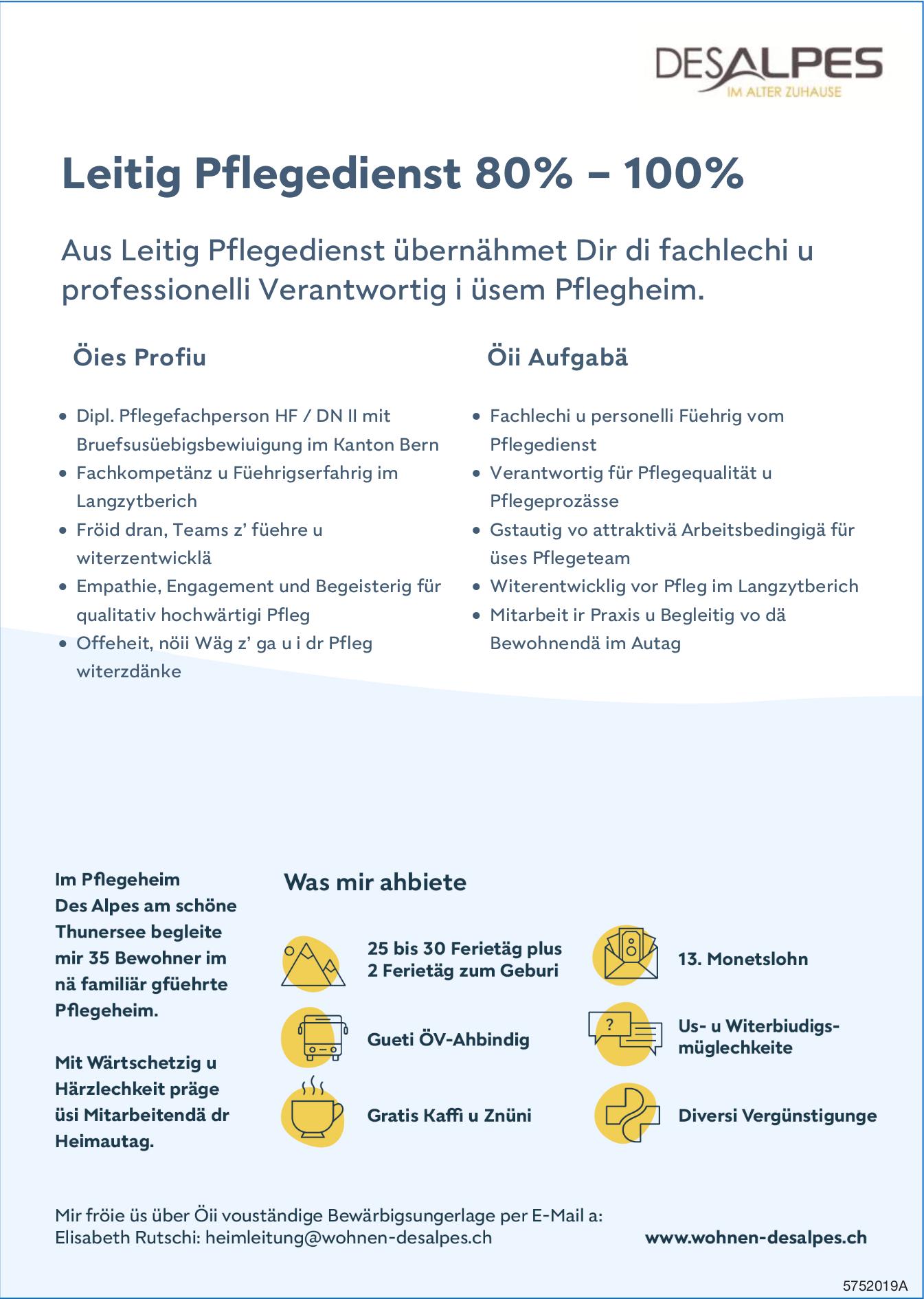 Leitig Pflegedienst 80% – 100%, Des Alpes, Gesucht