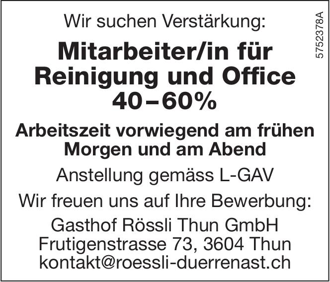 Mitarbeiter/in für Reinigung und Office 40–60%, Gasthof Rössli Thun GmbH, Gesucht
