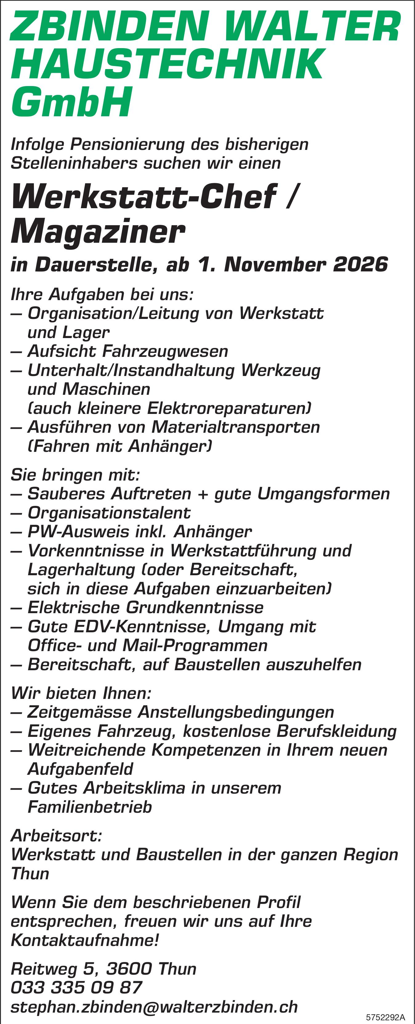 Werkstatt-Chef / Magaziner, ZBINDEN WALTER HAUSTECHNIK GmbH, Thun, Gesucht