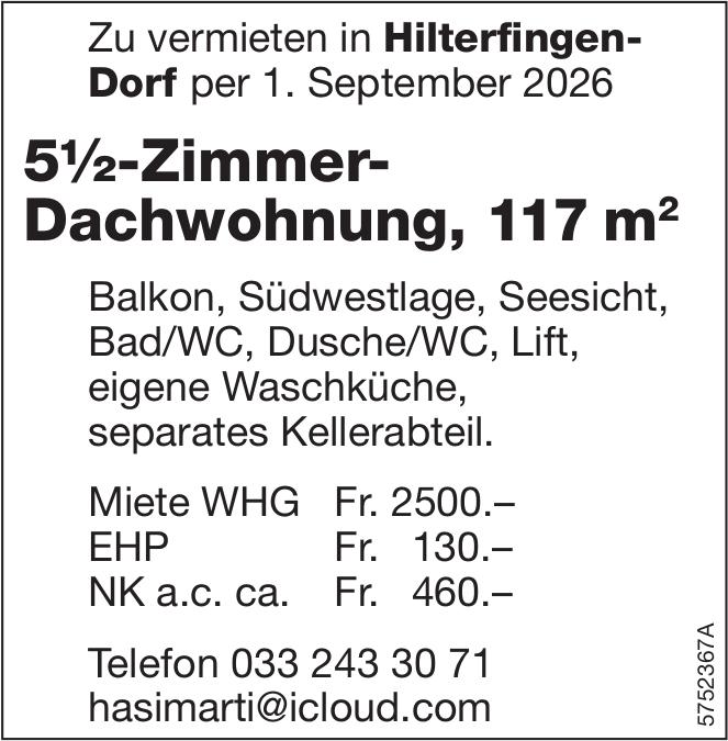 5½-Zimmer-Dachwohnung, 117 m², 5½ Zimmer-Wohnung, Hilterfingen-Dorf, zu vermieten