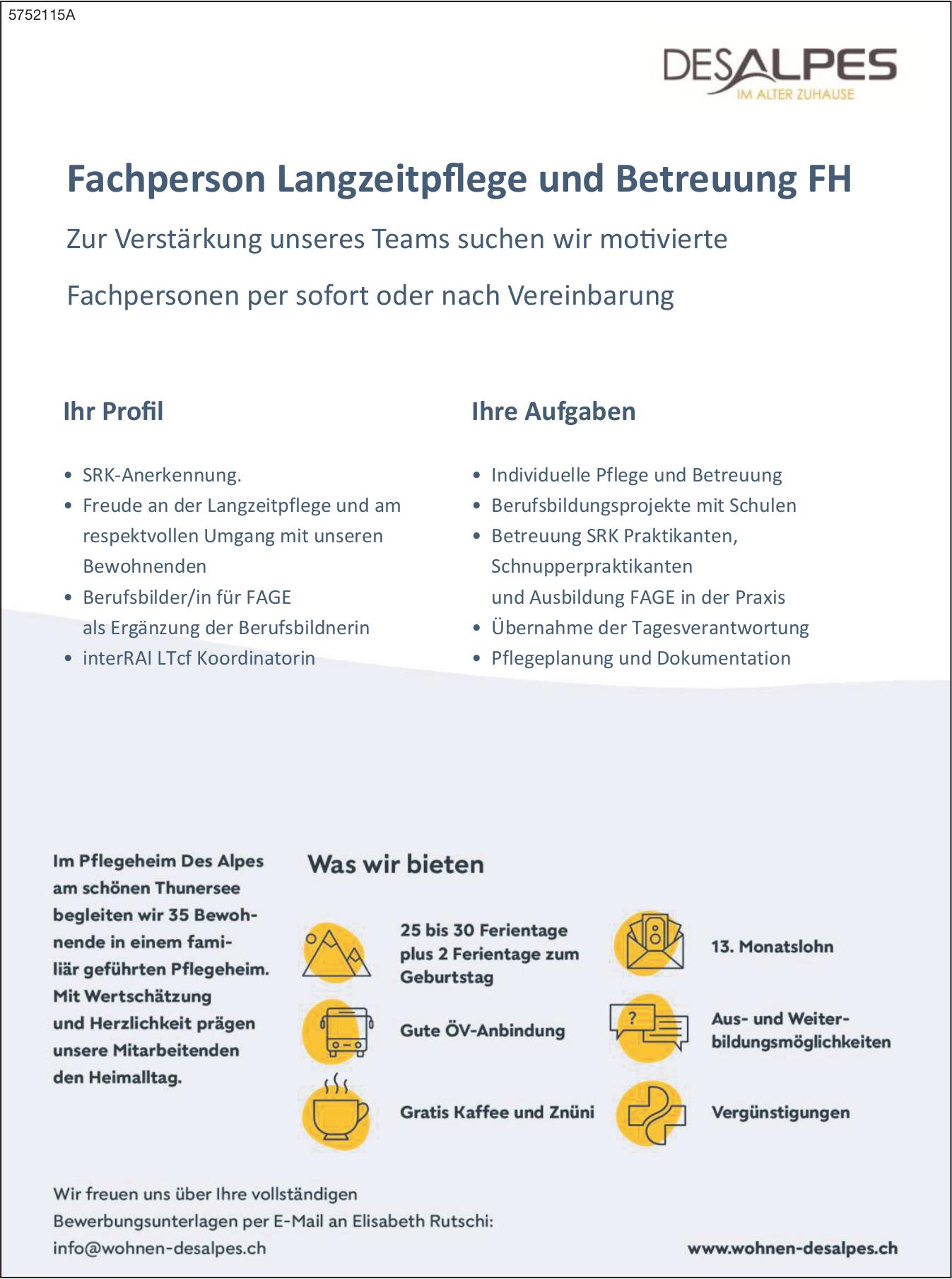 Fachperson Langzeitpflege und Betreuung FH, DESALPES, Gesucht