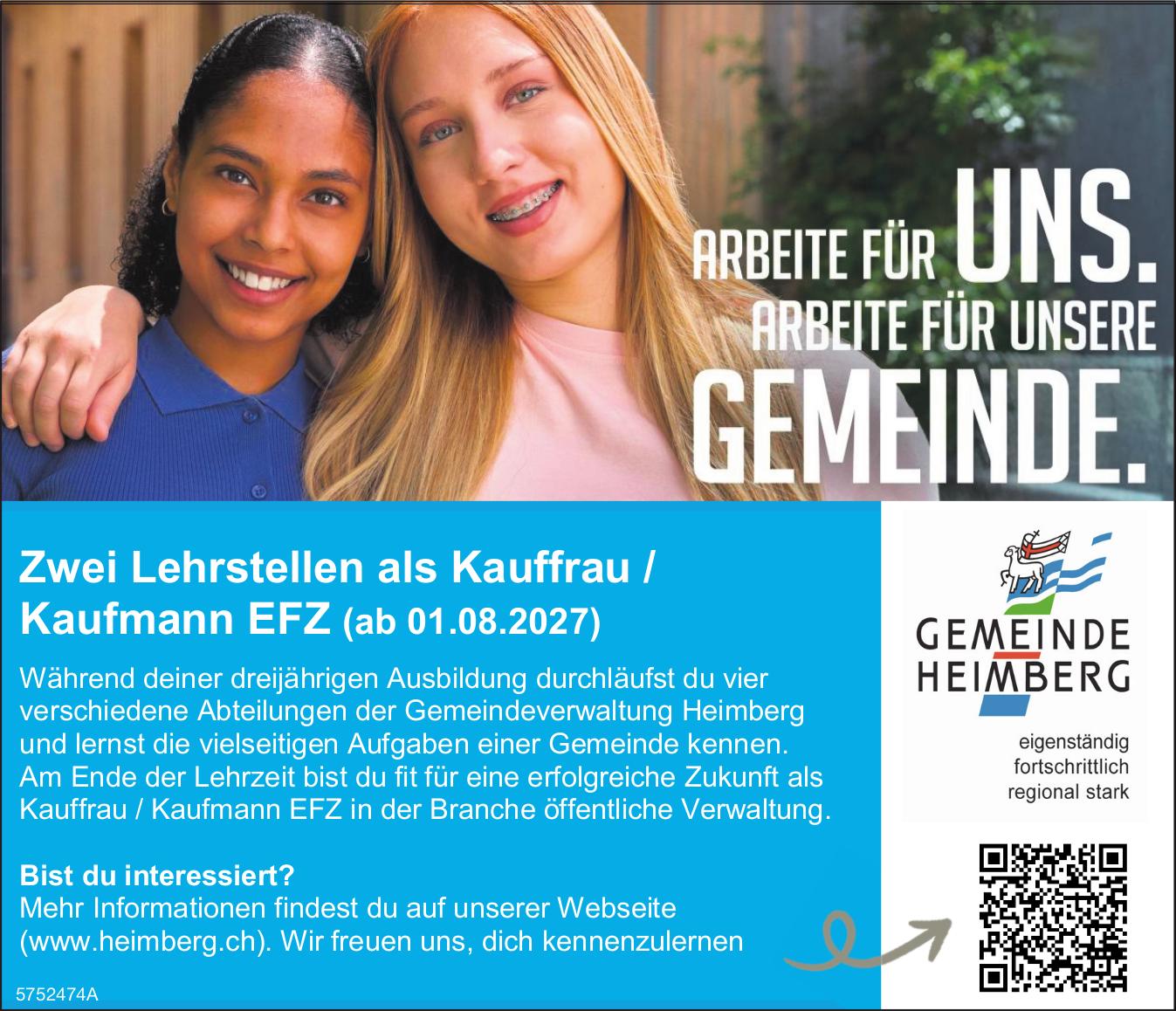 Zwei Lehrstellen als Kauffrau / Kaufmann EFZ (ab 01.08.2027), Gemeinde Heimberg, Gesucht