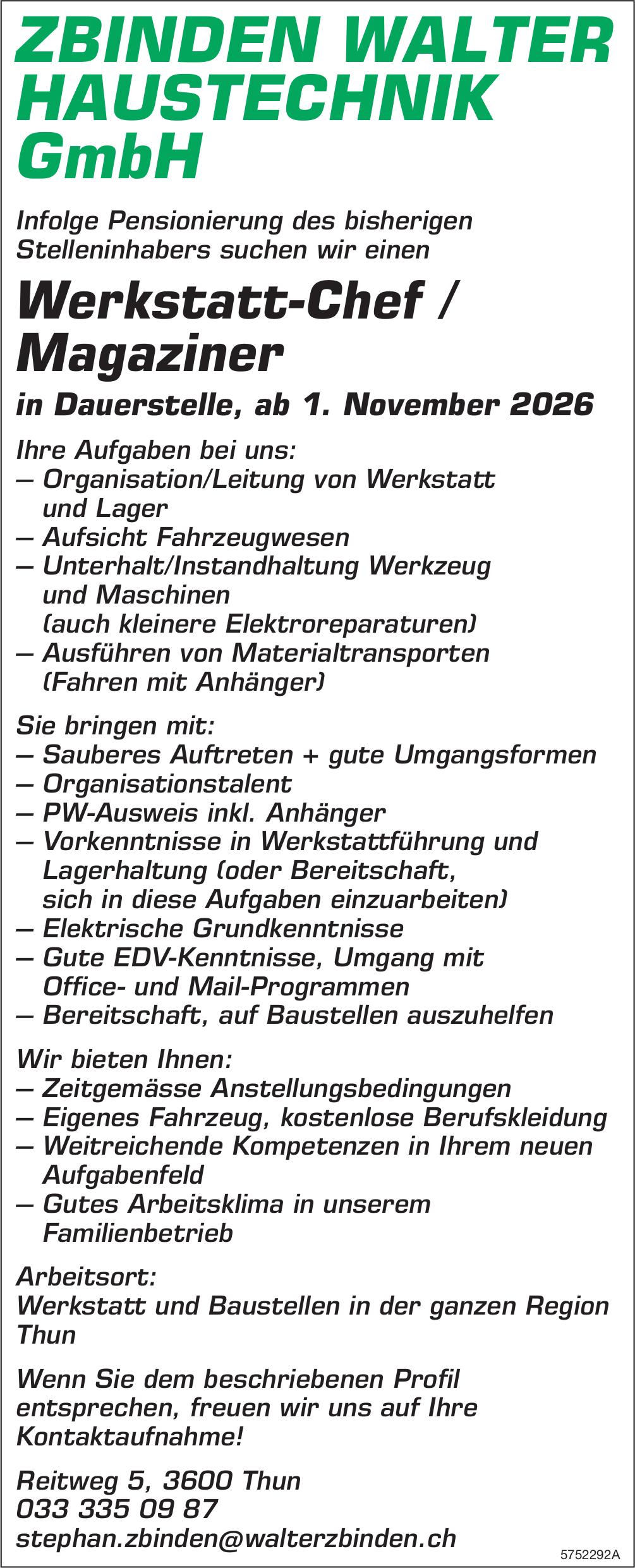 Werkstatt-Chef / Magaziner, ZBINDEN WALTER HAUSTECHNIK GmbH, Thun, Gesucht