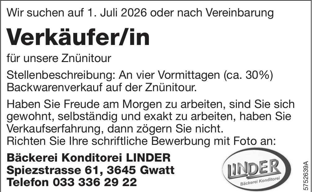Verkäufer/in, Bäckerei Konditorei Linder, Gwatt, gesucht