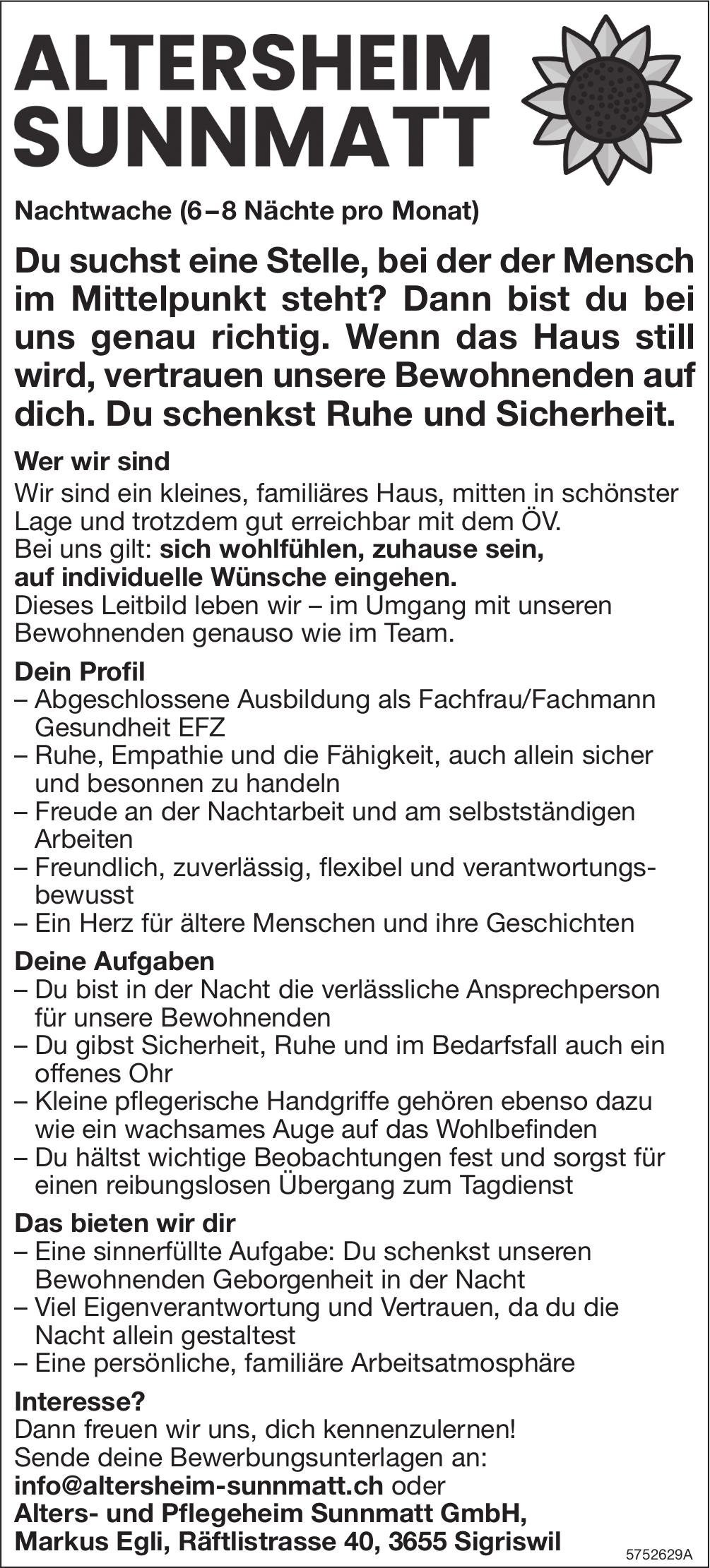 Nachtwache (6–8 Nächte pro Monat), Alters- Pflegeheim Sunnmatt GmbH, Sigriswil, gesucht