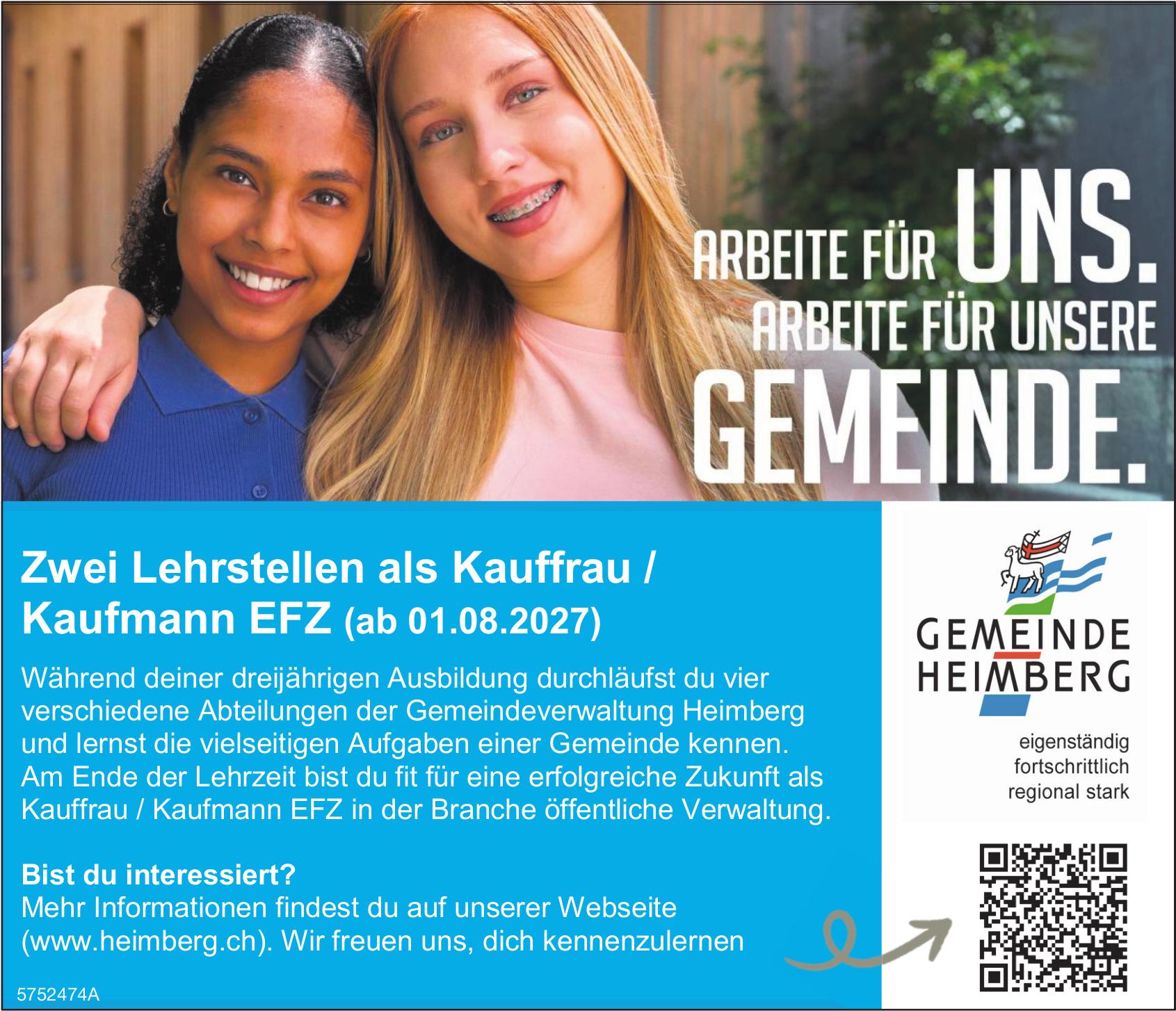 Zwei Lehrstellen als Kauffrau / Kaufmann EFZ (ab 01.08.2027), Gemeinde Heimberg, Gesucht