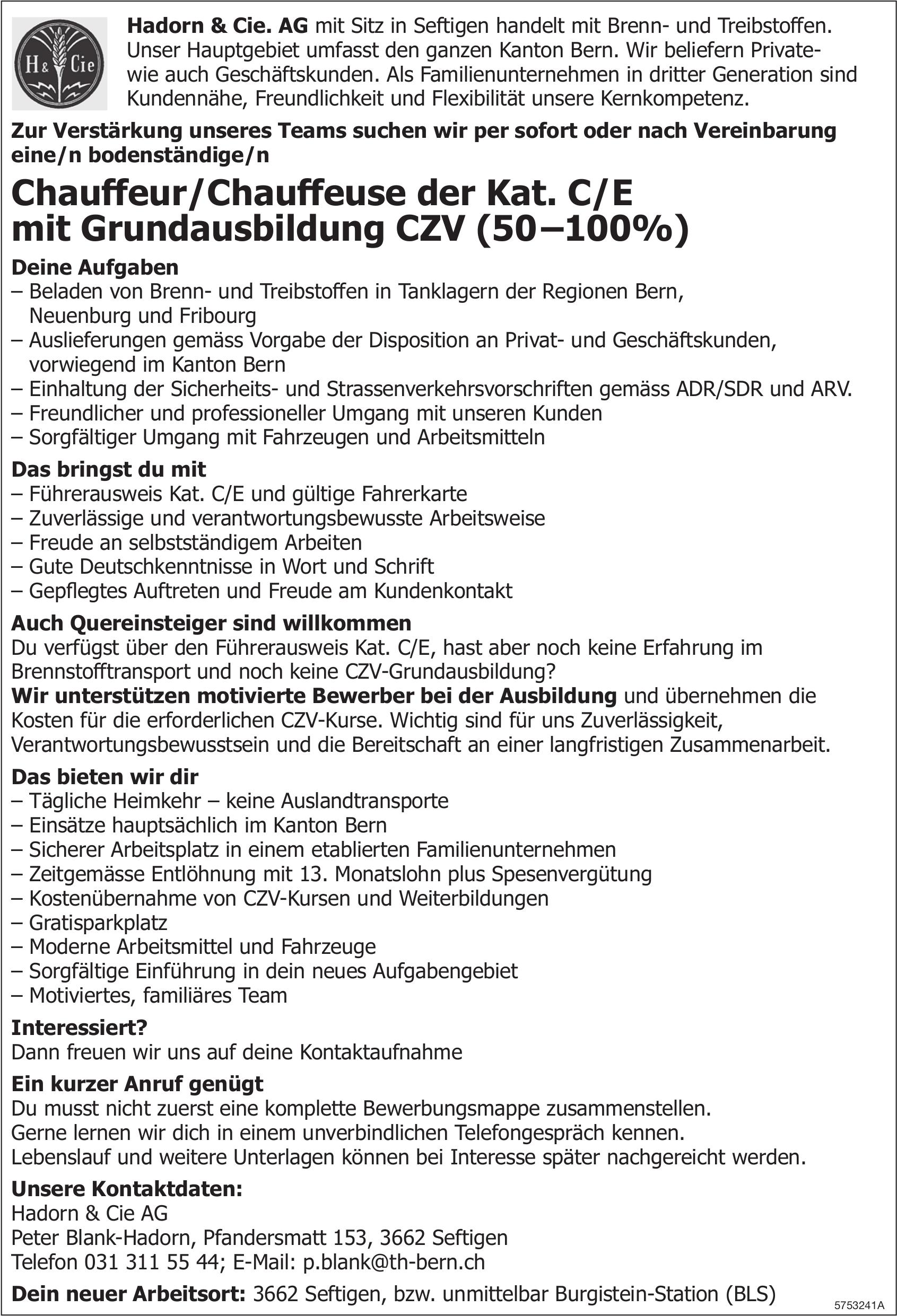 Chauffeur/Chauffeuse der Kat. C/E mit Grundausbildung CZV (50–100%), Hadorn & Cie. AG, Seftigen, Gesucht