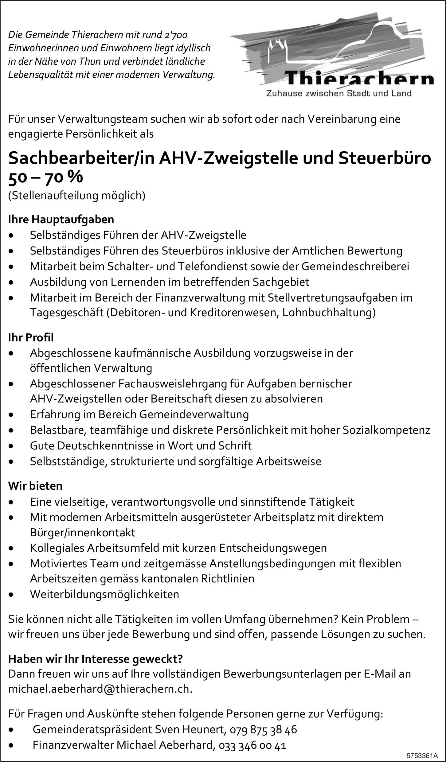 Sachbearbeiter/in AHV-Zweigstelle und Steuerbüro 50 – 70 %, Gemeinde Thierachern, Gesucht