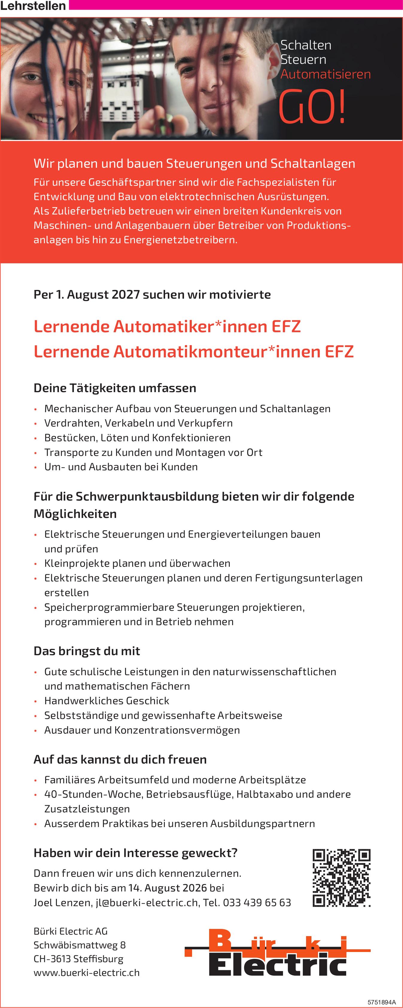 Lernende Automatiker*innen EFZ, Bürki Electric AG, Steffisburg, Gesucht