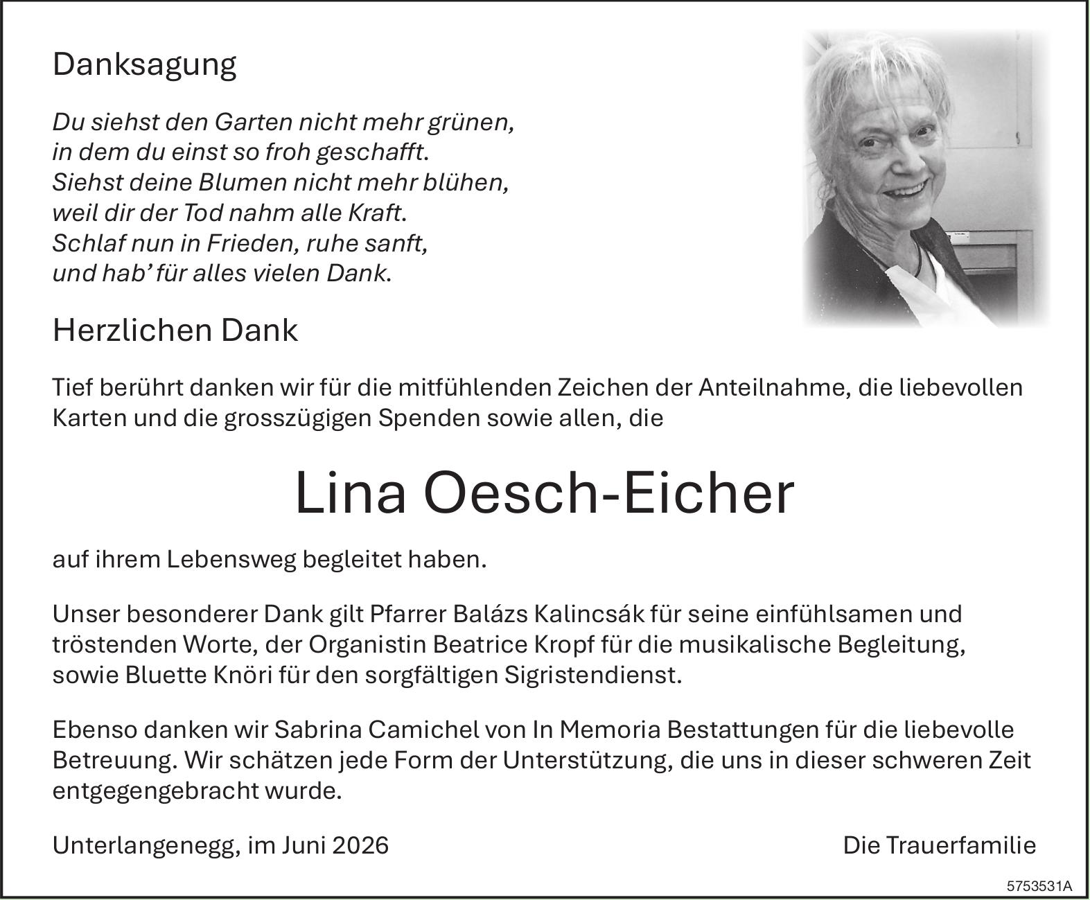 Oesch-Eicher Lina, im Juni 2026 / DS