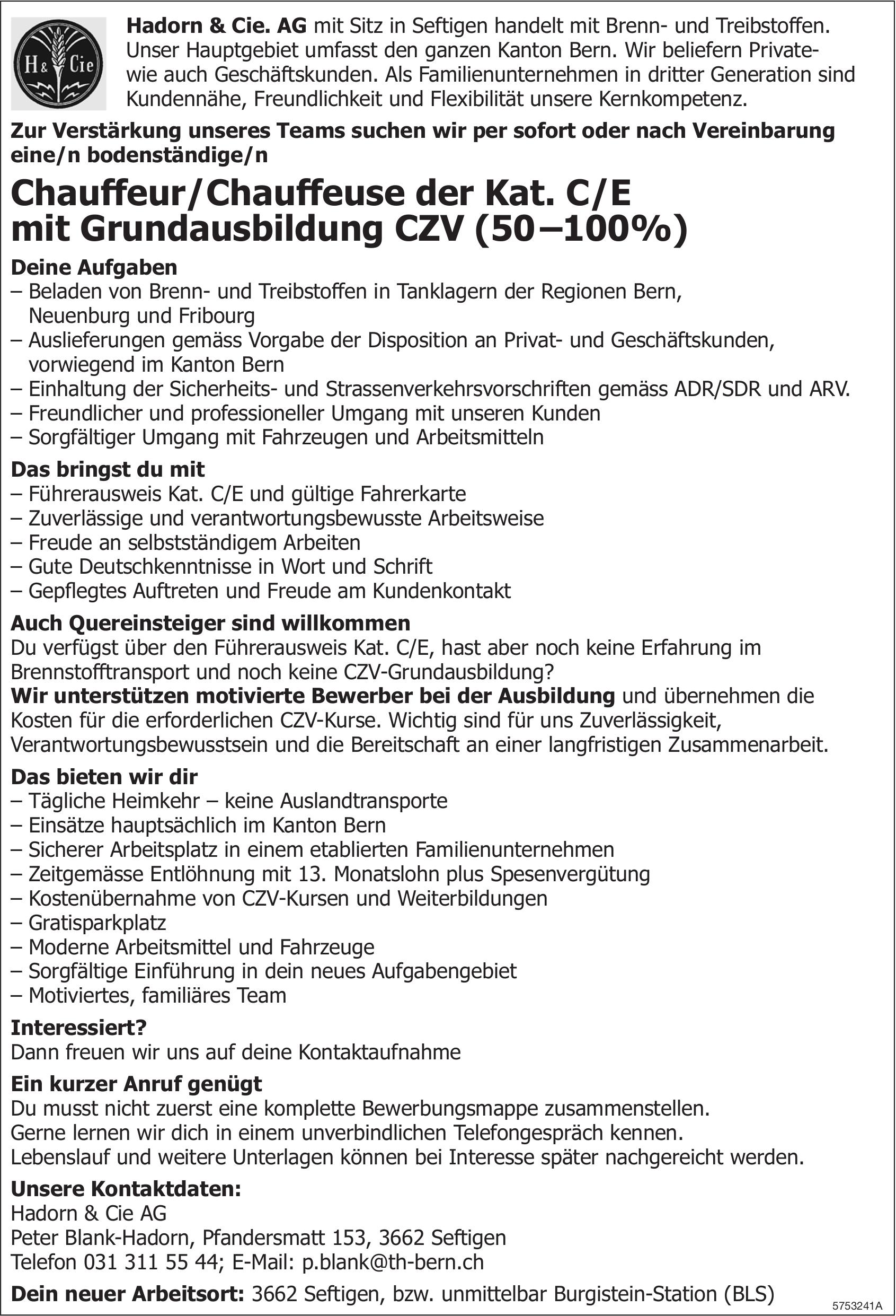 Chauffeur/Chauffeuse der Kat. C/E mit Grundausbildung CZV (50–100%), Hadorn & Cie. AG, Seftigen, Gesucht