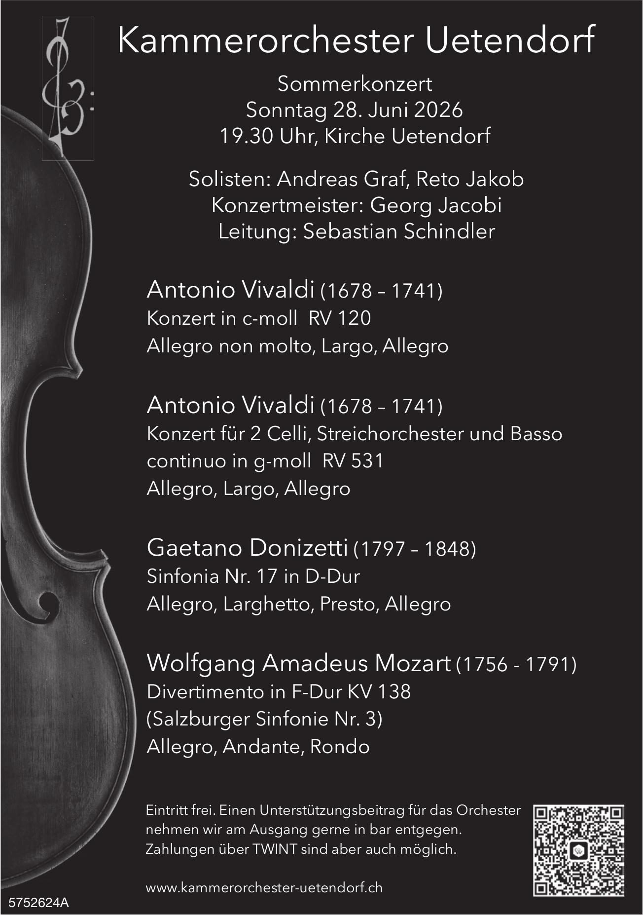 Kammerorchester Uetendorf – Sommekonzert, 28. Juni, Kirche Uetendorf