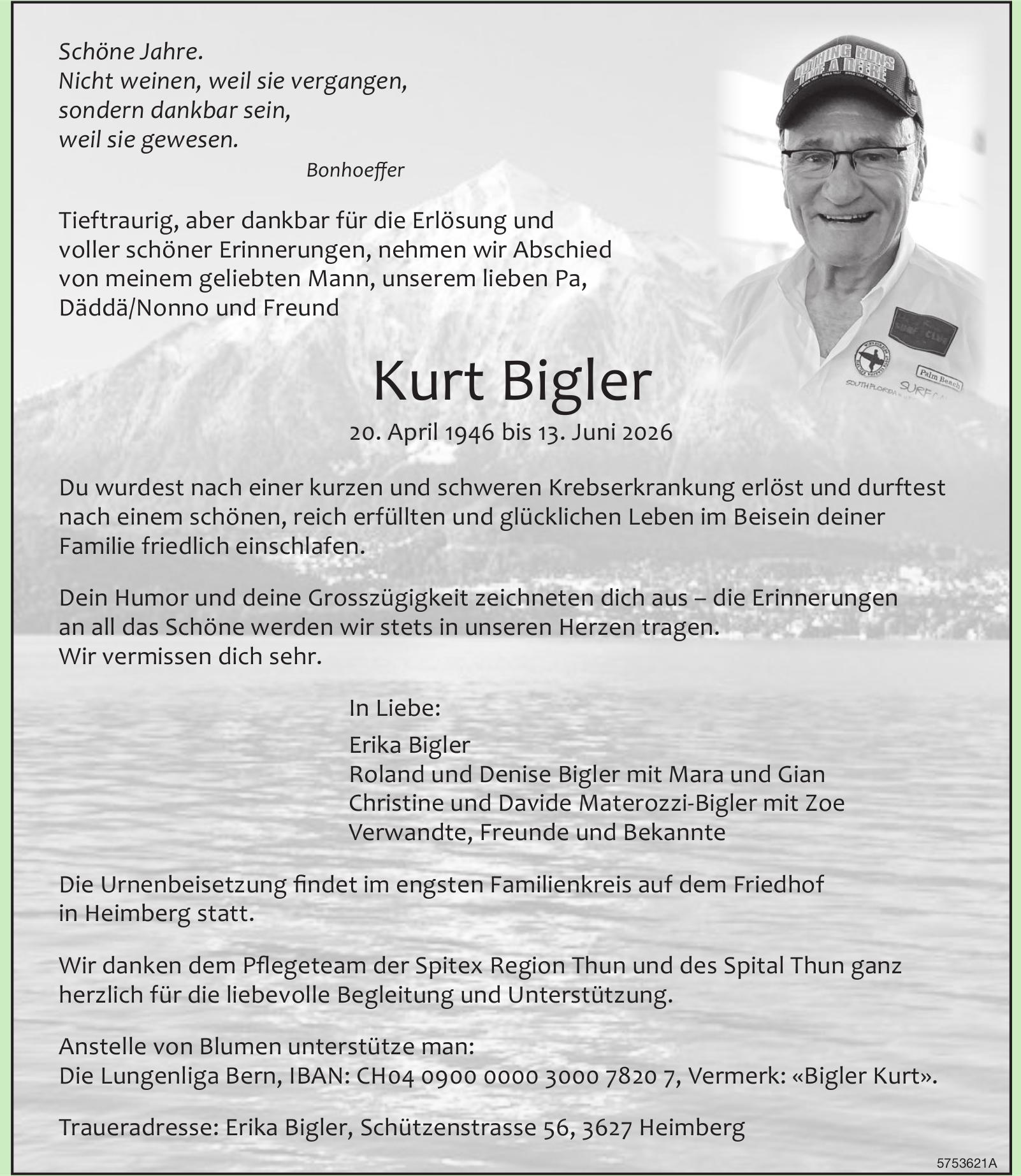 Bigler Kurt, Juni 2026 / TA