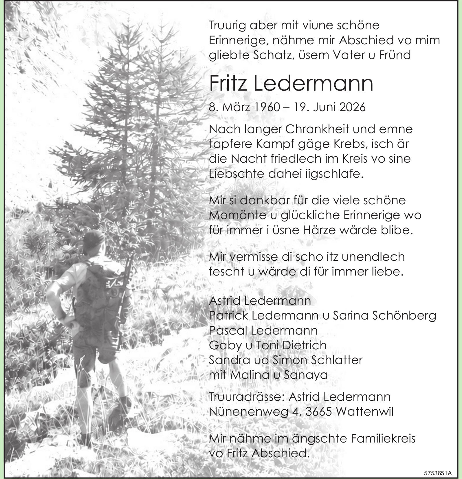 Ledermann Fritz, Juni 2026 / TA