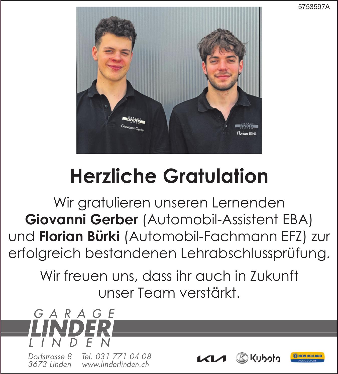 Garage Linder Linden, Herzliche Gratulation