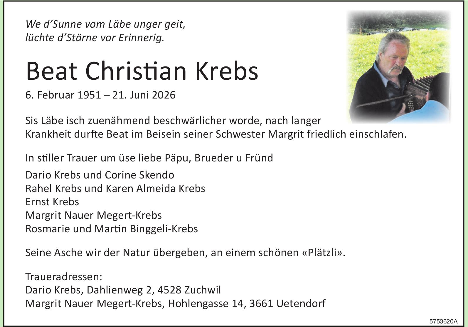Krebs Beat Christian, Juni 2026 / TA