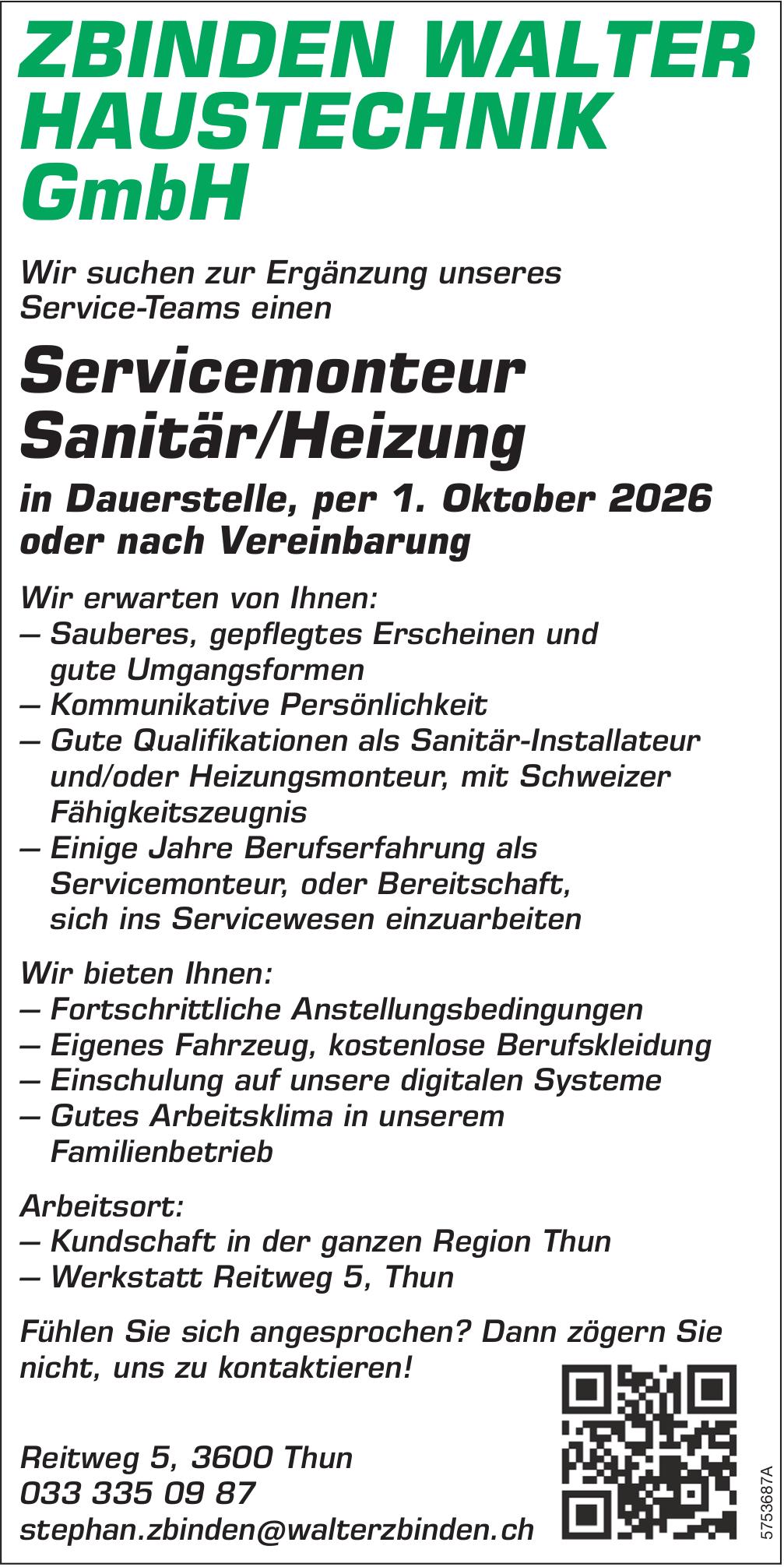 Servicemonteur Sanitär/Heizung, ZBINDEN WALTER HAUSTECHNIK GmbH, Thun, gesucht