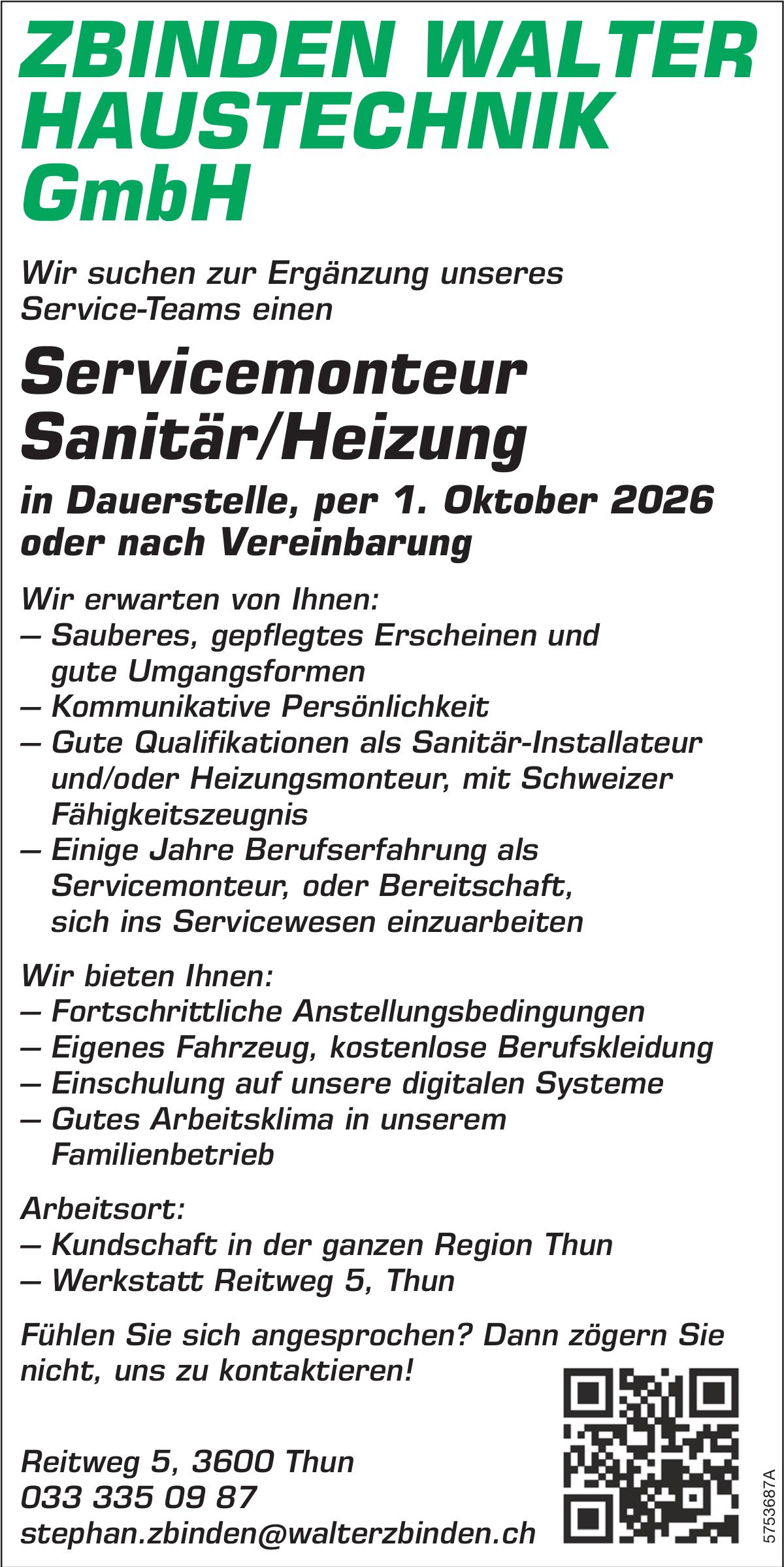 Servicemonteur Sanitär/Heizung, ZBINDEN WALTER HAUSTECHNIK GmbH, Thun, gesucht