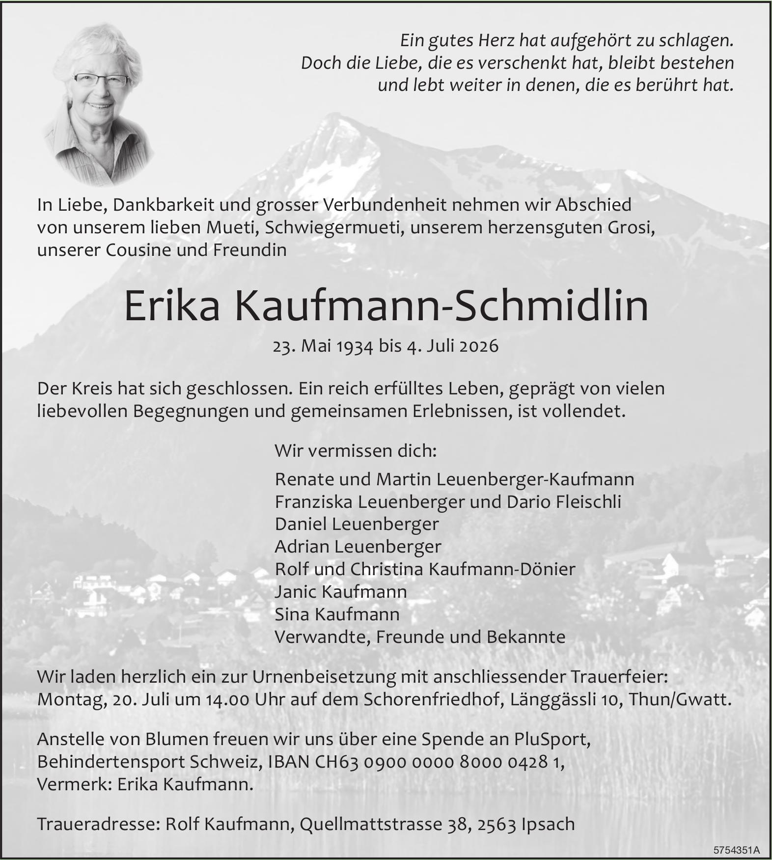 Kaufmann-Schmidlin Erika, Juli 2026 / TA