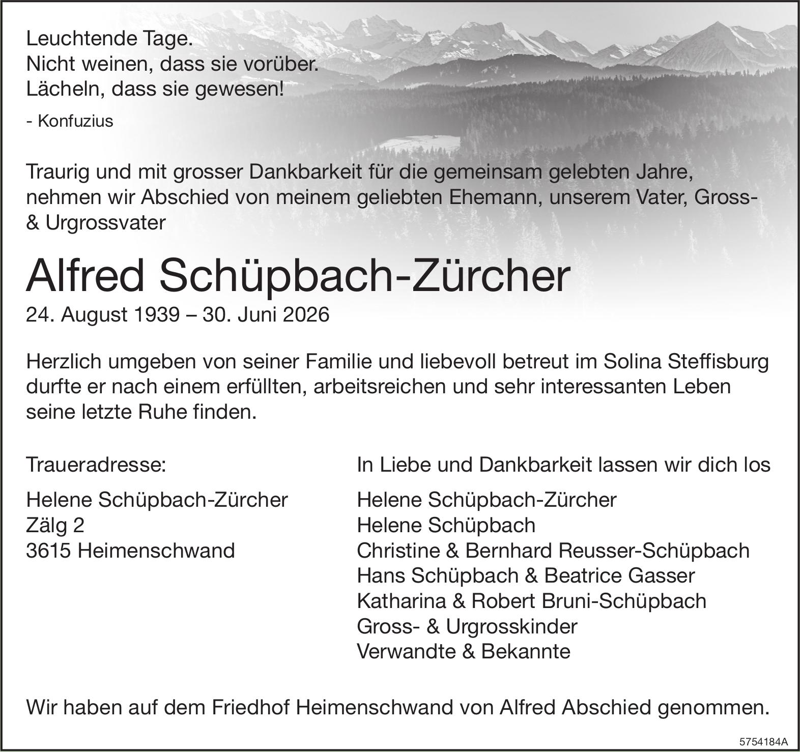 Schüpbach-Zürcher Alfred, Juni 2026 / TA