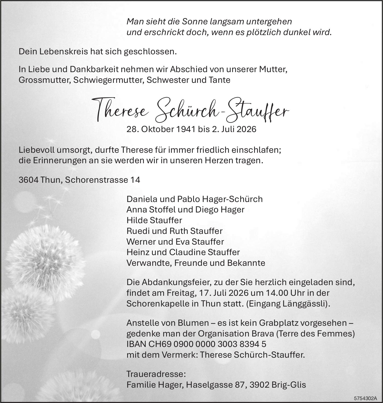 Schürch-Stauffer Therese, Juli 2026 / TA