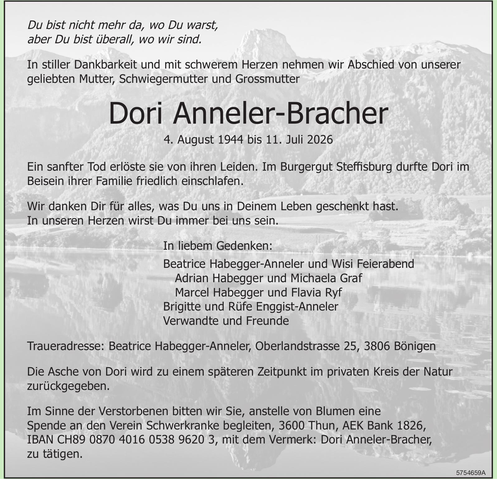 Anneleer-Bracher Dori, Juli 2026 / TA
