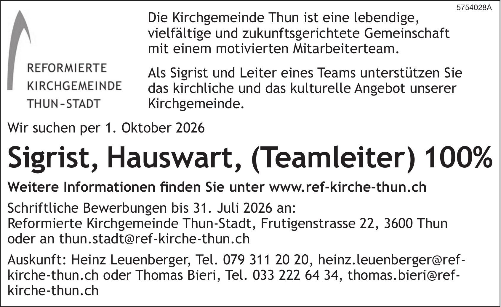 Sigrist, Hauswart, (Teamleiter) 100%, Reformierte Kirchgemeinde Thun-Stadt, Gesucht