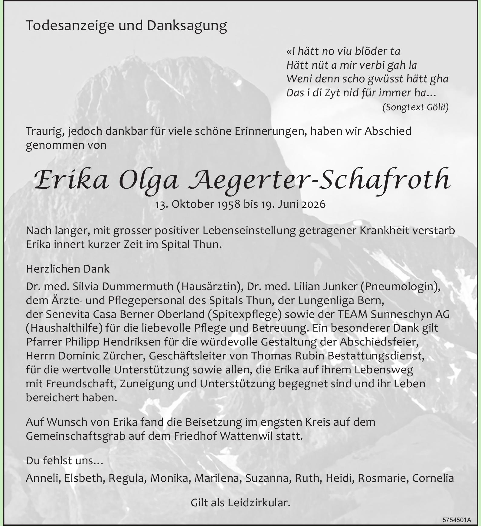Aegerter-Schafroth Erika Olga, Juni 2026 / TA