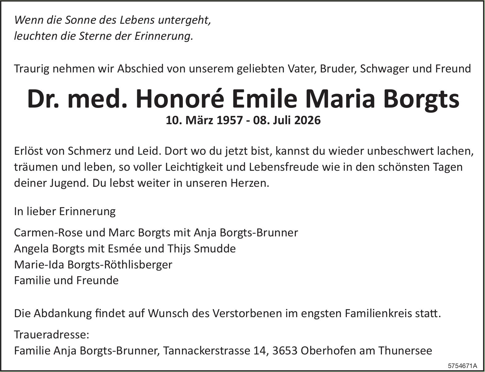 Borgts Dr. med. Honoré Emile Maria, Juli 2026 / TA