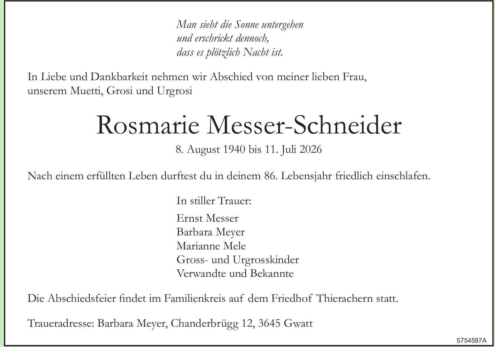Messer-Schneider Rosmarie, Juli 2026 / TA