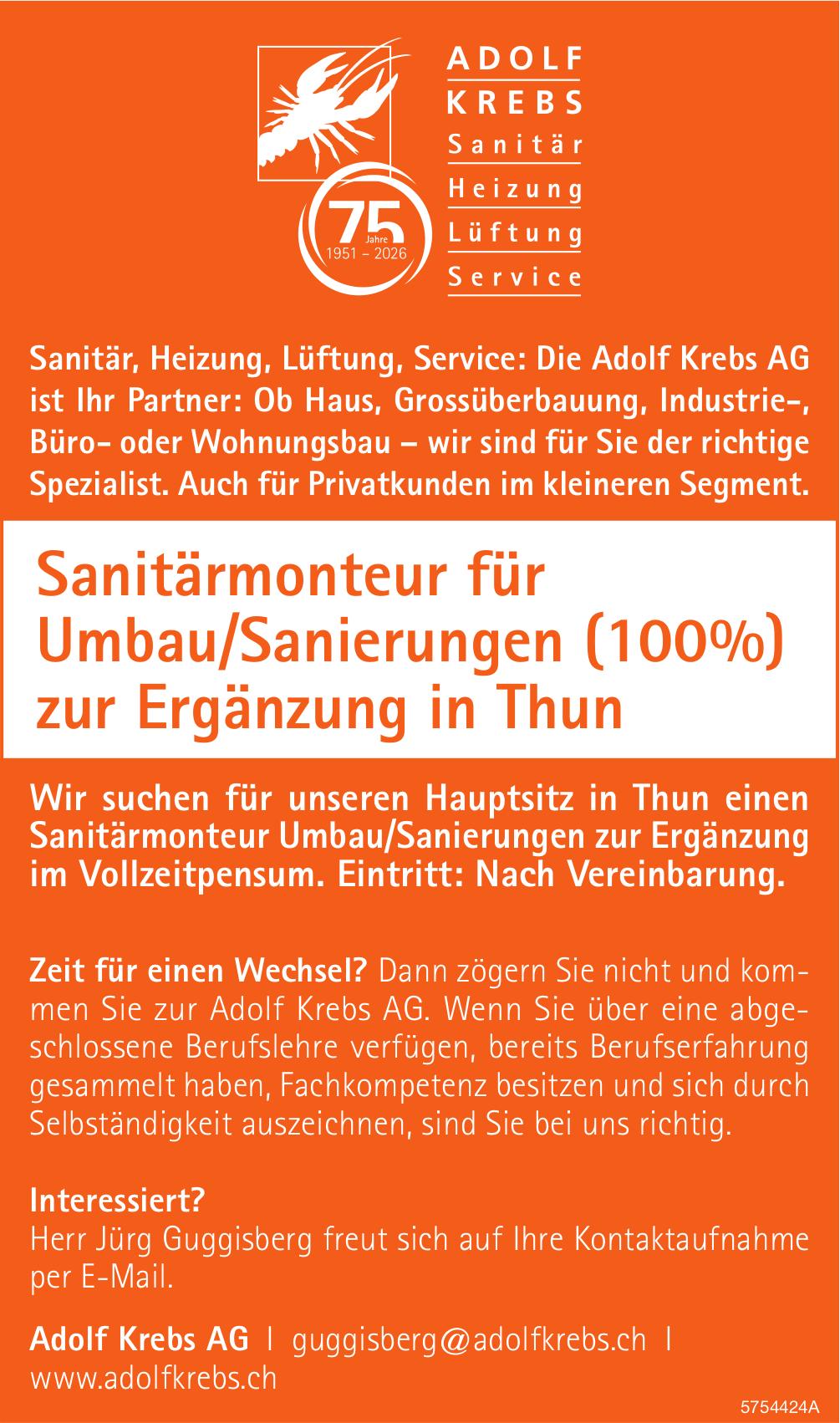 Sanitärmonteur für Umbau/Sanierungen (100%) zur Ergänzung in Thun, Adolf Krebs AG, Gesucht