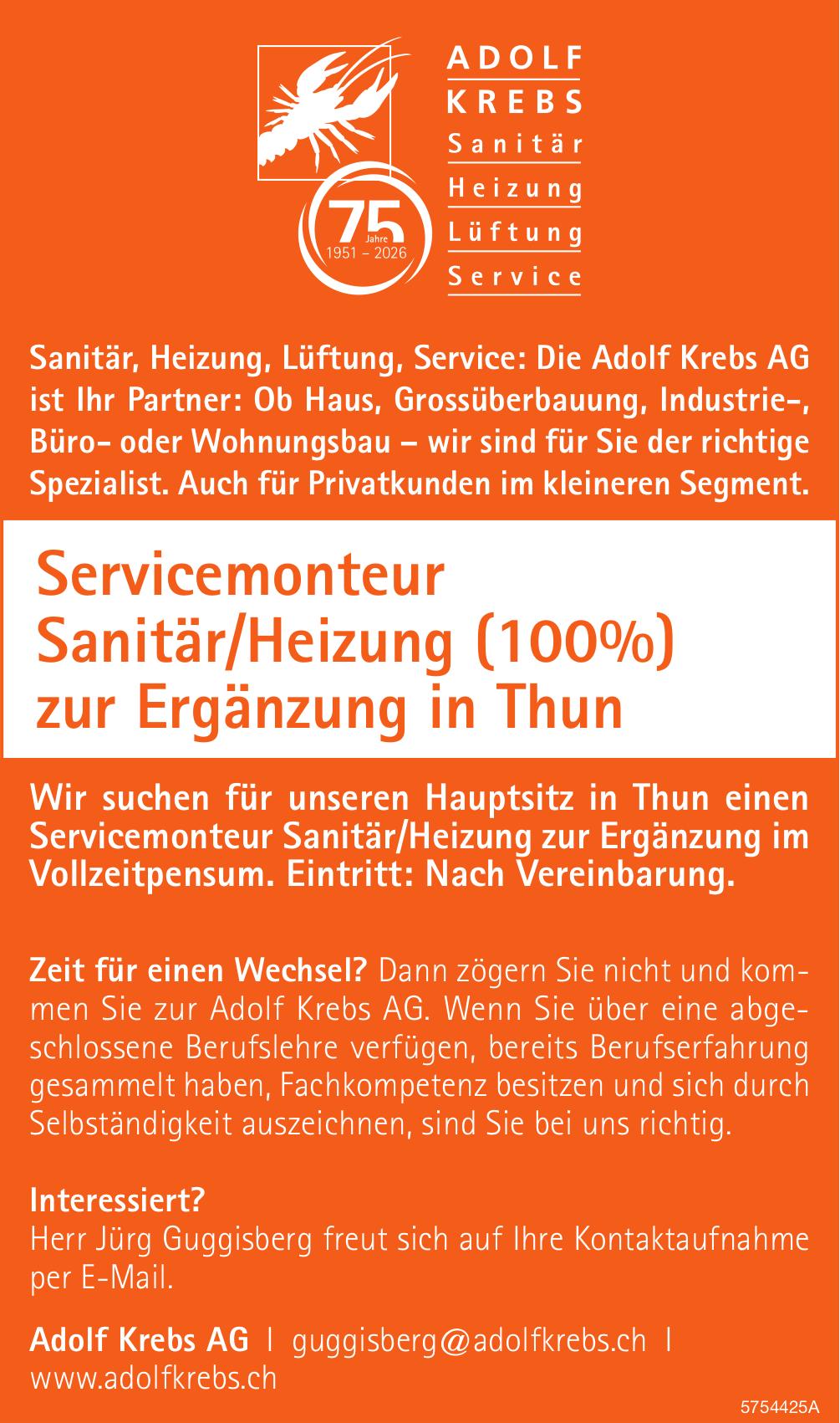Servicemonteur Sanitär/Heizung (100%) zur Ergänzung in Thun, Adolf Krebs AG, Gesucht