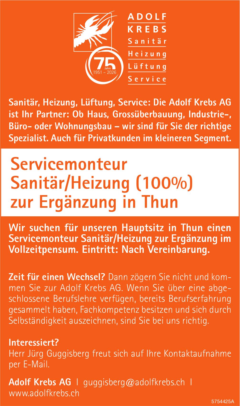 Servicemonteur Sanitär/Heizung (100%) zur Ergänzung in Thun, Adolf Krebs AG, Gesucht