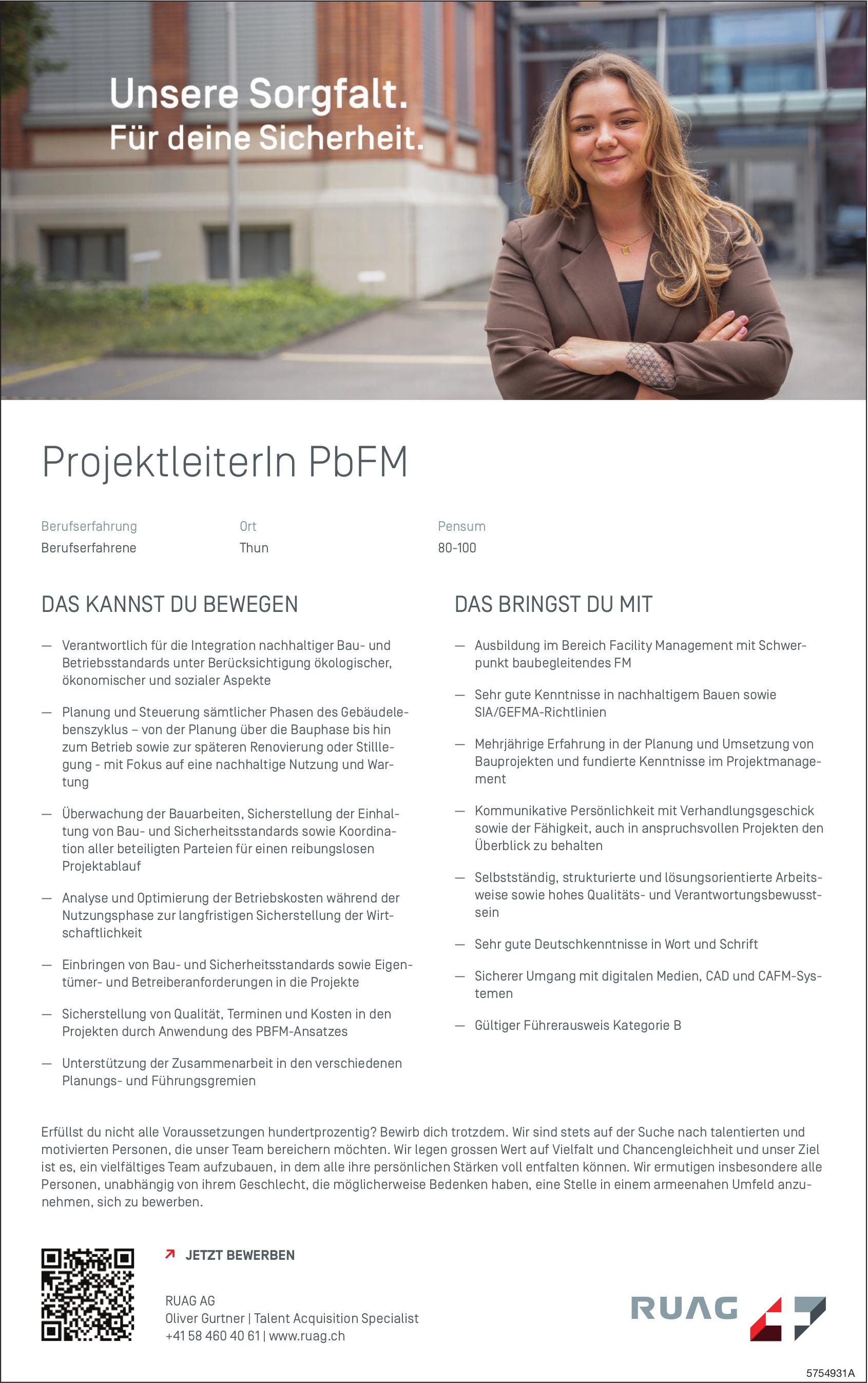 ProjektleiterIn PbFM, RUAG AG, Thun, Gesucht
