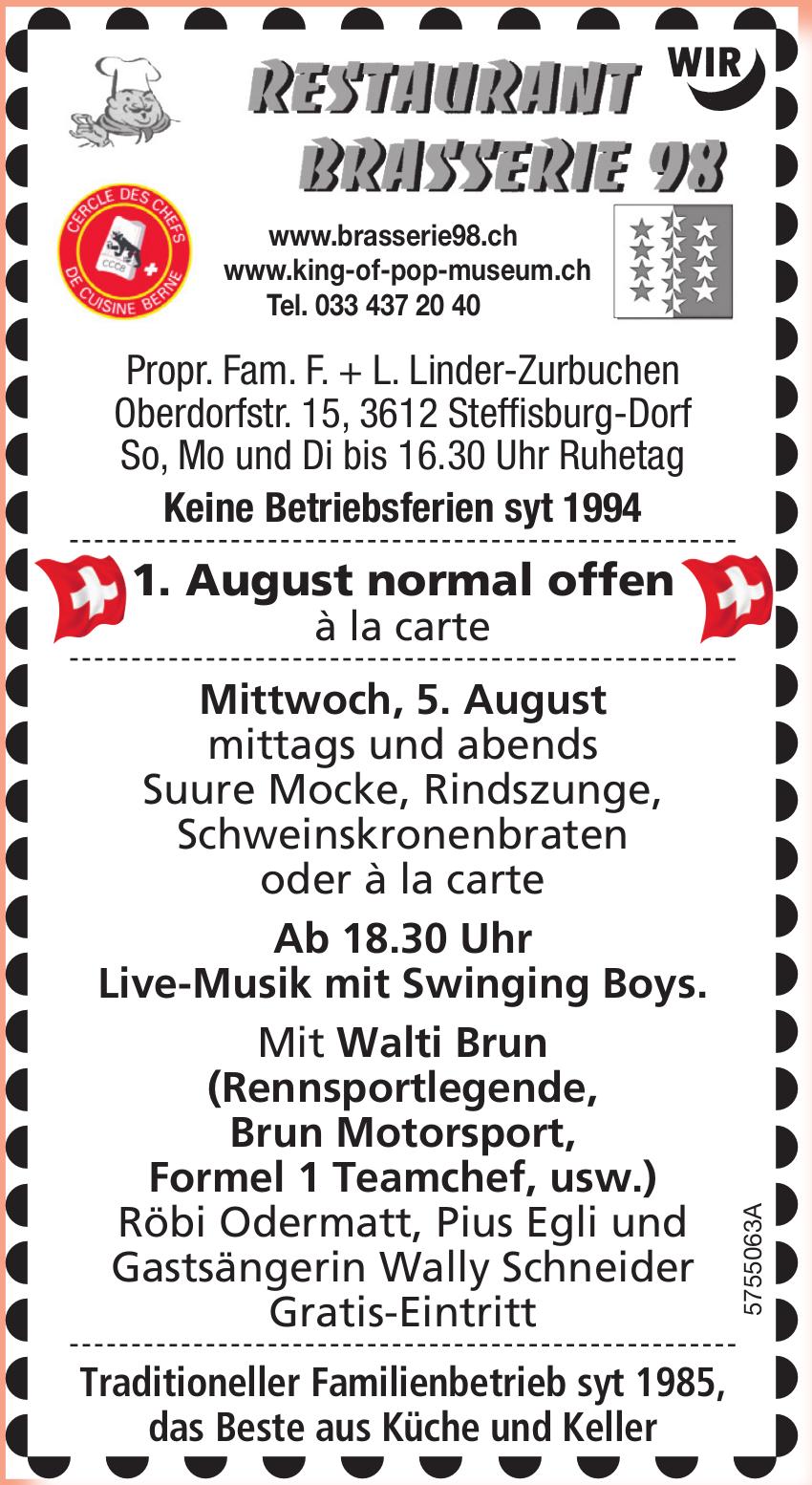 Live-Musik mit Swinging Boys, 1. August, Restaurant Brasserie 98, Steffisburg-Dorf
