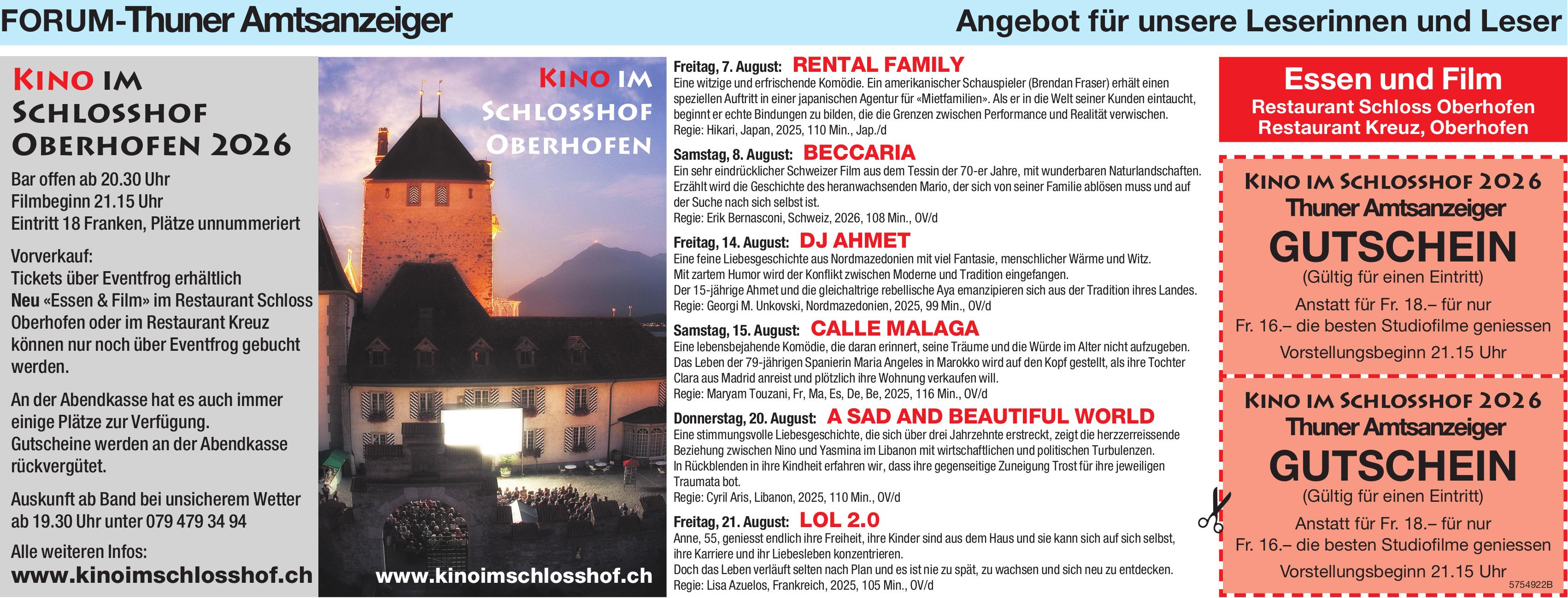 KINO IM SCHLOSSHOF OBERHOFEN 2026, 7. - 21. August