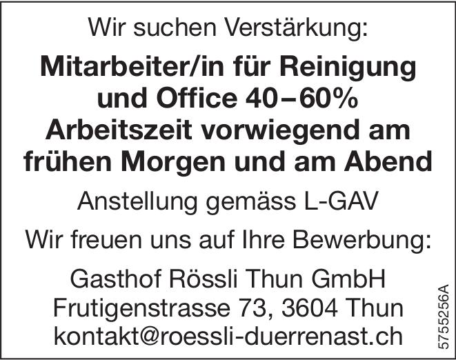 Mitarbeiter/in für Reinigung und Office 40–60%, Gasthof Rössli Thun GmbH, Gesucht