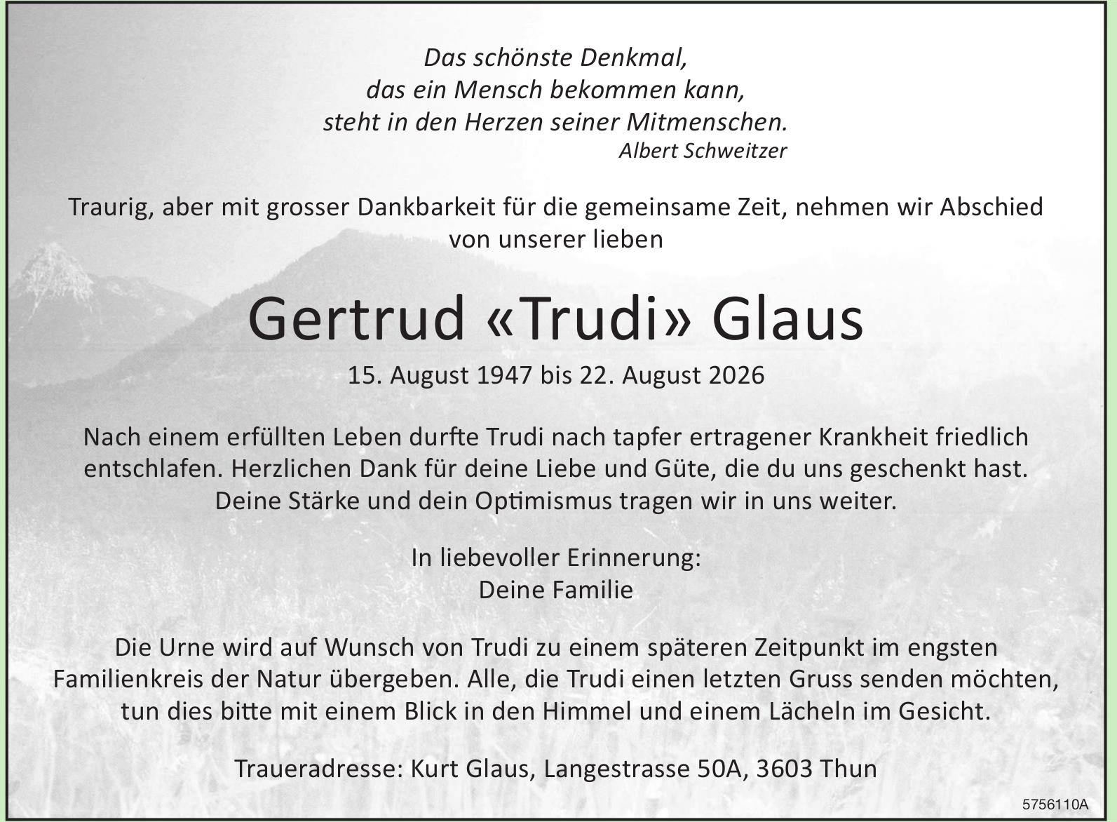 Glaus Gertrud, August 2026 / TA