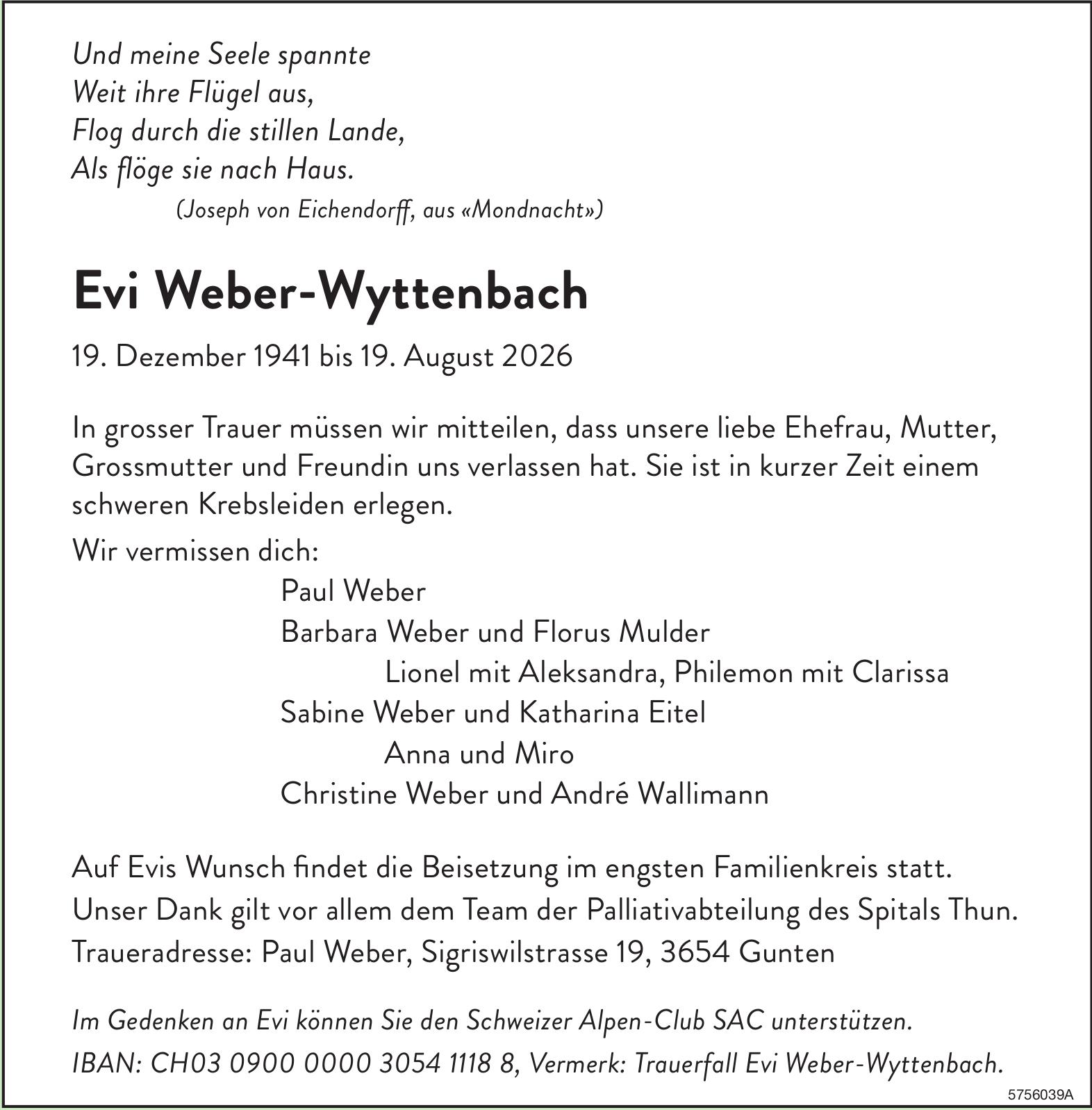 Weber-Wyttenbach Evi, August 2026 / TA
