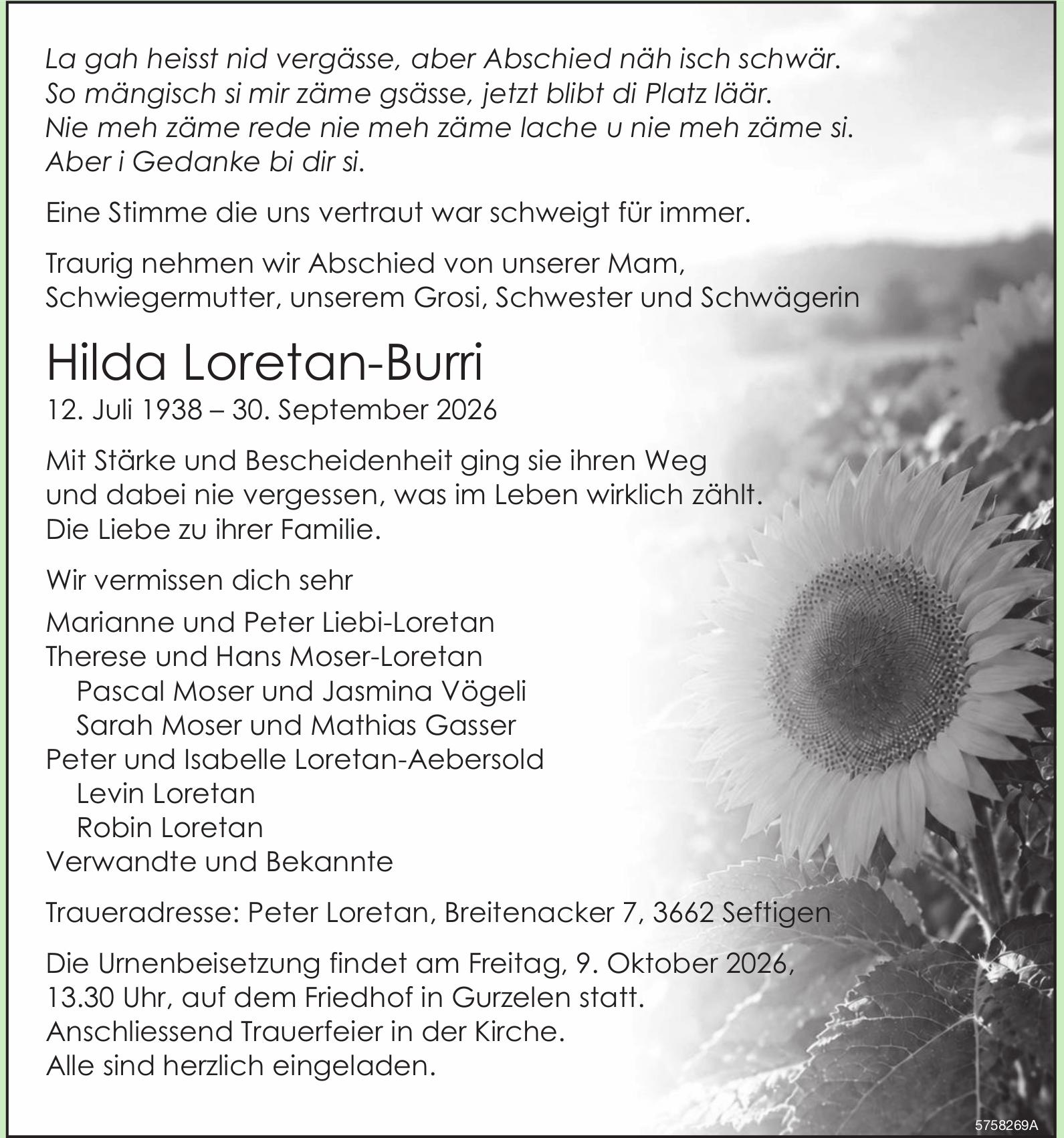 Loretan-Burri Hilda, September 2026 / TA